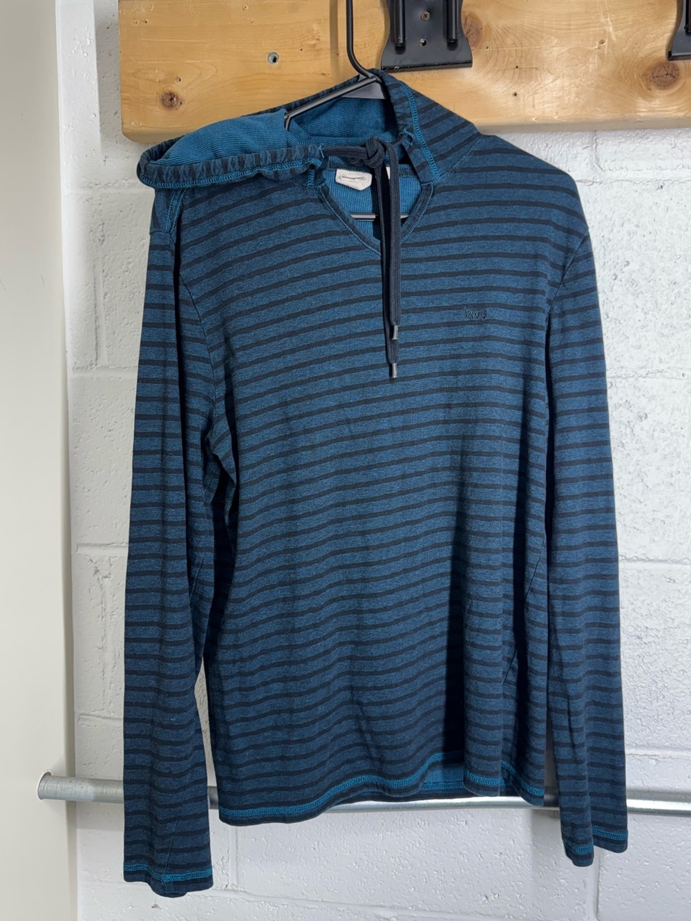 Vans Men’s Navy and Black Striped V-Neck Hoodie